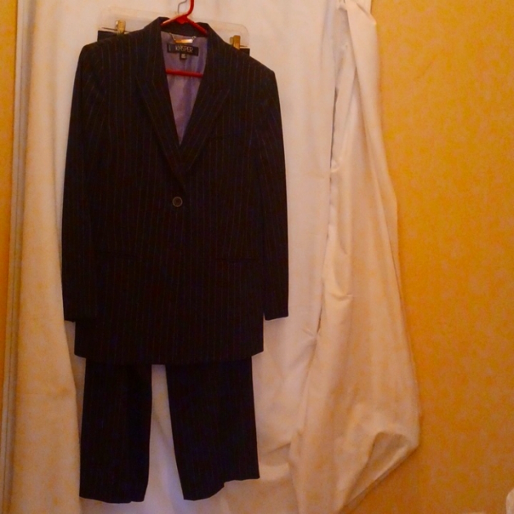 KASPER Petites Women's 2 PC Career Pant Suit Set 14P Black With Purple Stripes